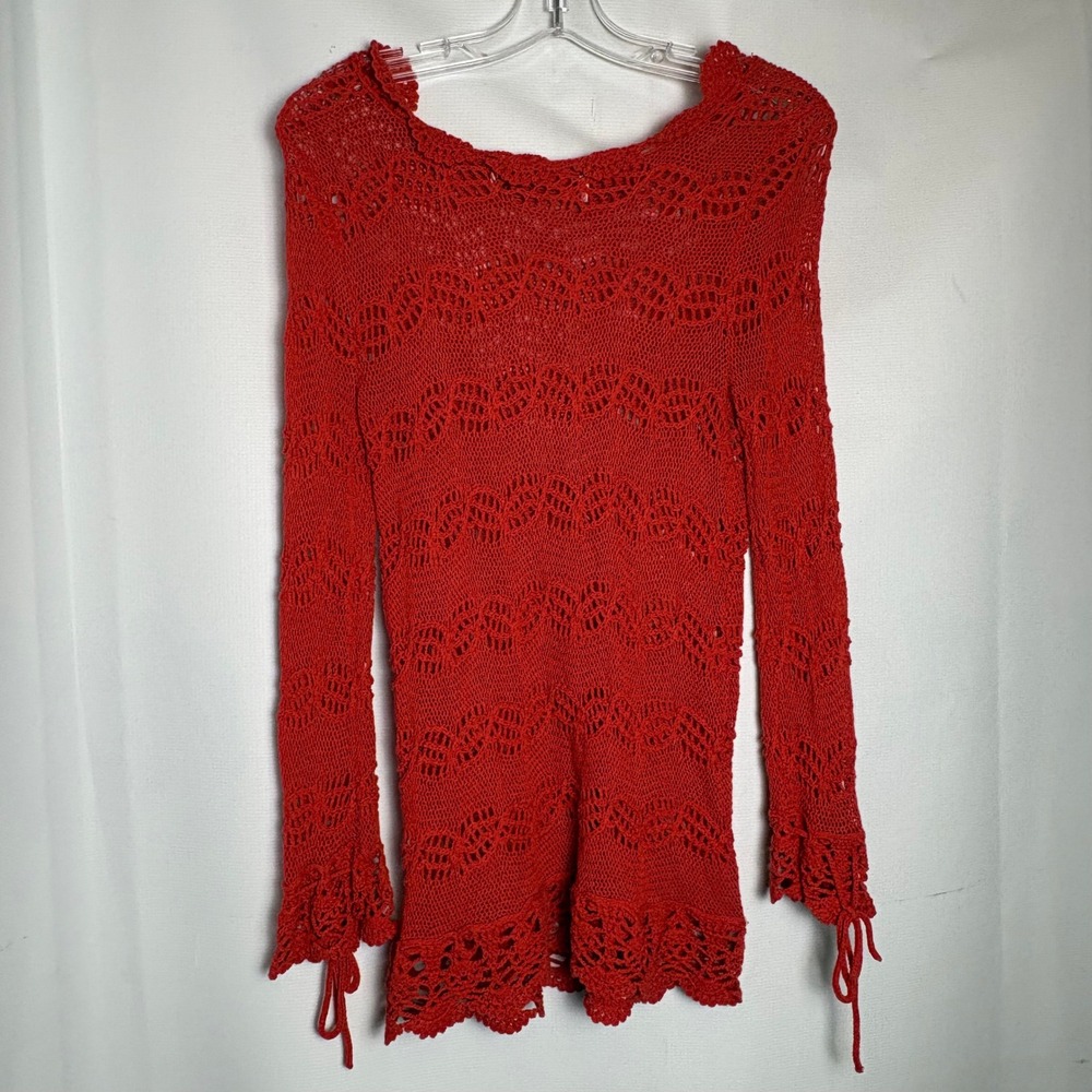 Coral Red Crochet L/S Boho Tunic Top Scalloped Hem Women Small Festival Renfair - Picture 6 of 9